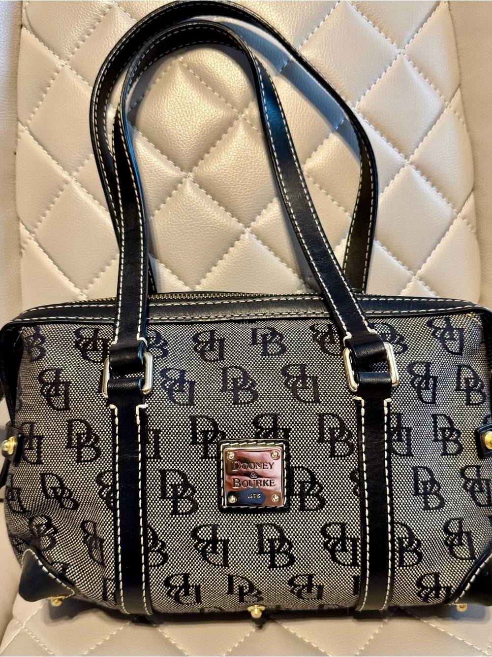 Dooney & Bourke Black Monogram Logo Satchel with Silver Plaque